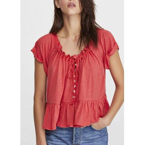FREE PEOPLE Charlie Pink Ruffled Relaxed Blouse Short Sleeve Flowy Top